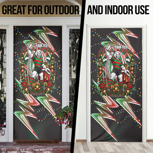 Personalized South Sydney Rabbitohs Rugby Christmas Door Cover Holiday Mascot Graphic Art Festive Lights Bow