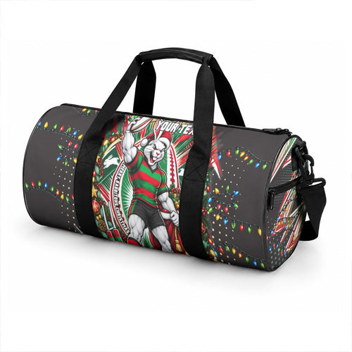 Personalized South Sydney Rabbitohs Rugby Christmas Duffle Bag Holiday Mascot Graphic Art Festive Lights Bow