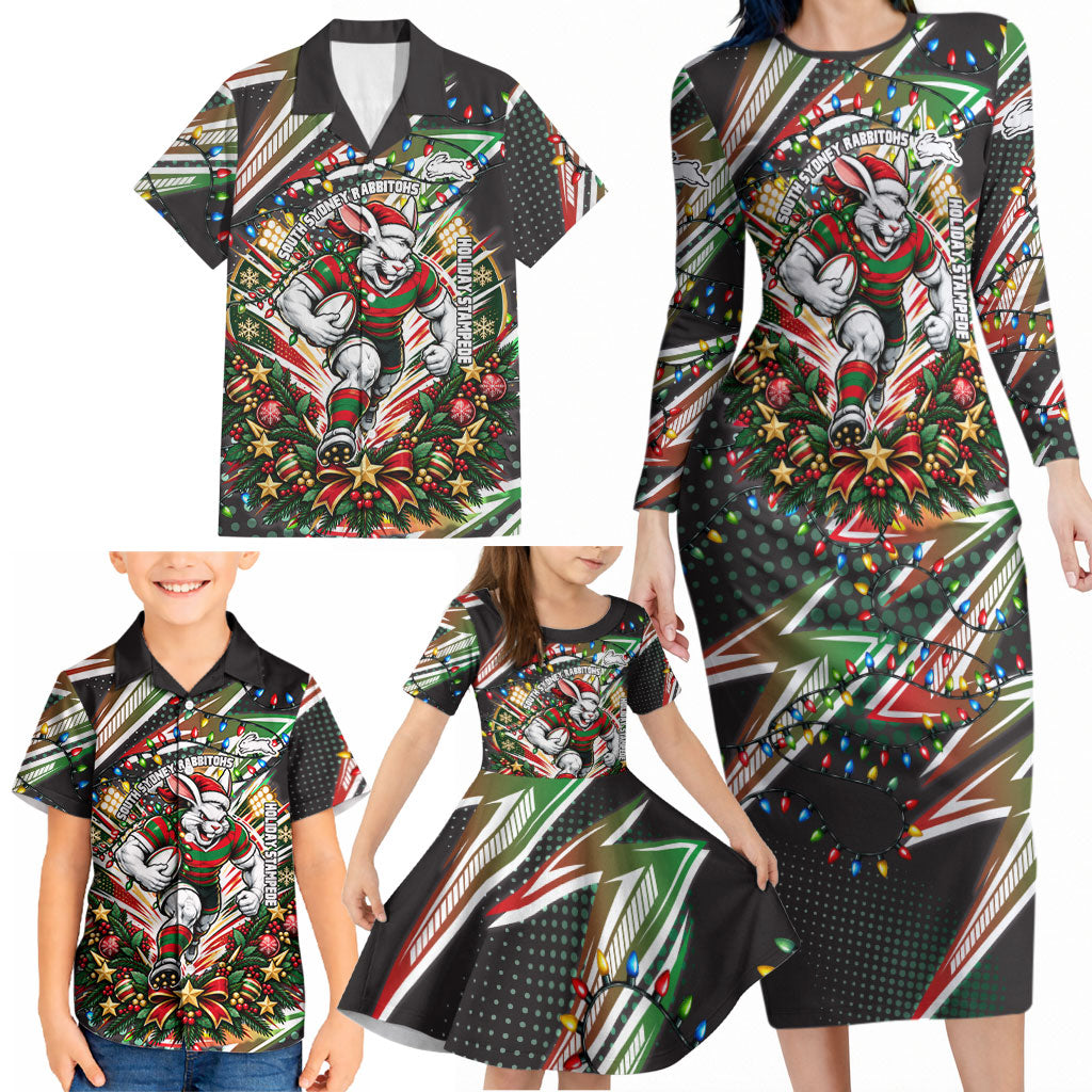 Personalized South Sydney Rabbitohs Rugby Christmas Family Matching Long Sleeve Bodycon Dress and Hawaiian Shirt Holiday Mascot Graphic Art Festive Lights Bow