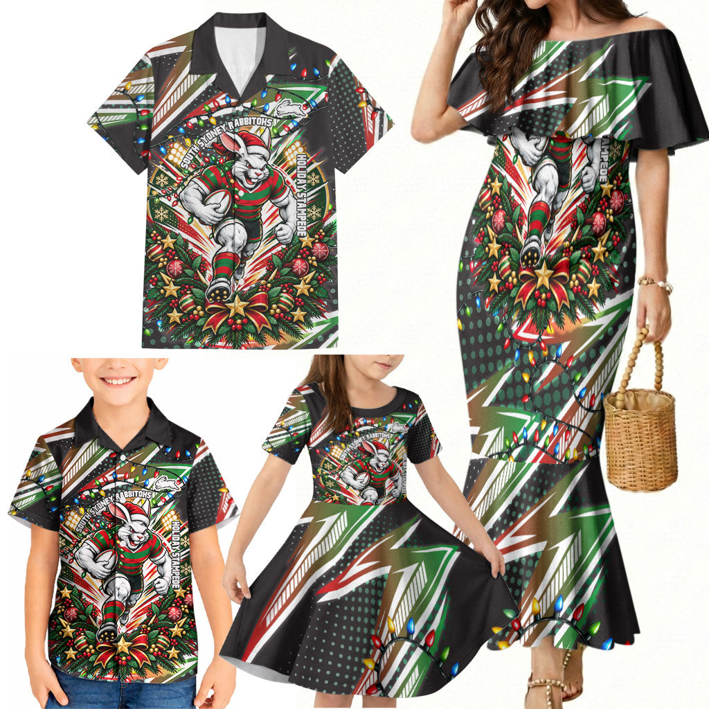 Personalized South Sydney Rabbitohs Rugby Christmas Family Matching Mermaid Dress and Hawaiian Shirt Holiday Mascot Graphic Art Festive Lights Bow