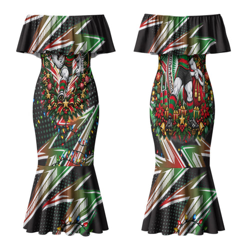 Personalized South Sydney Rabbitohs Rugby Christmas Family Matching Mermaid Dress and Hawaiian Shirt Holiday Mascot Graphic Art Festive Lights Bow