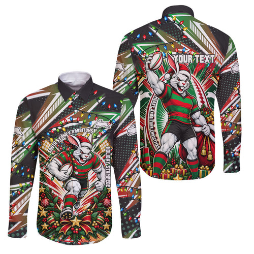Personalized South Sydney Rabbitohs Rugby Christmas Family Matching Mermaid Dress and Hawaiian Shirt Holiday Mascot Graphic Art Festive Lights Bow