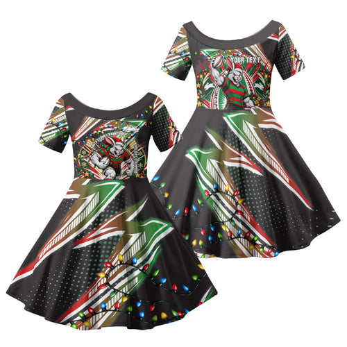 Personalized South Sydney Rabbitohs Rugby Christmas Family Matching Mermaid Dress and Hawaiian Shirt Holiday Mascot Graphic Art Festive Lights Bow