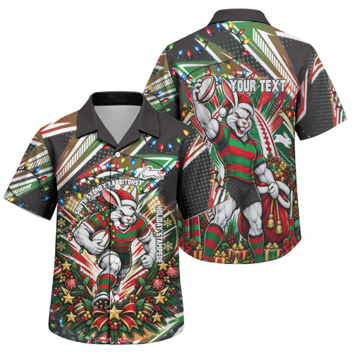 Personalized South Sydney Rabbitohs Rugby Christmas Family Matching Mermaid Dress and Hawaiian Shirt Holiday Mascot Graphic Art Festive Lights Bow
