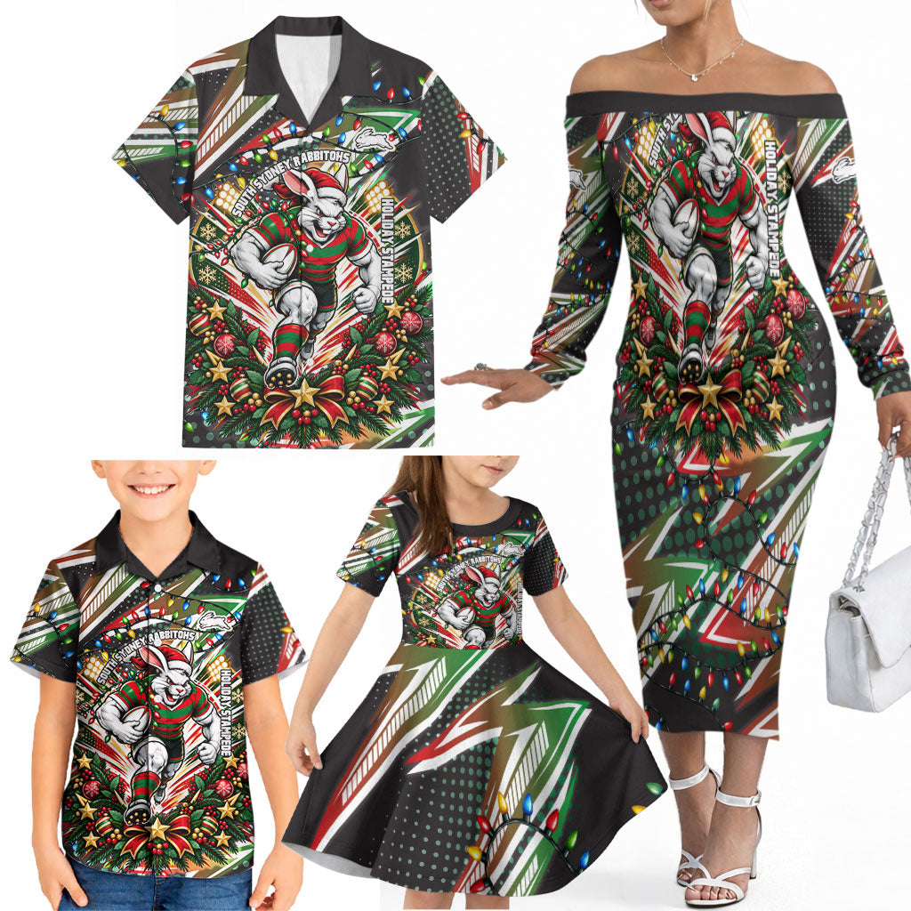 Personalized South Sydney Rabbitohs Rugby Christmas Family Matching Off The Shoulder Long Sleeve Dress and Hawaiian Shirt Holiday Mascot Graphic Art Festive Lights Bow
