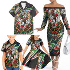 Personalized South Sydney Rabbitohs Rugby Christmas Family Matching Off The Shoulder Long Sleeve Dress and Hawaiian Shirt Holiday Mascot Graphic Art Festive Lights Bow