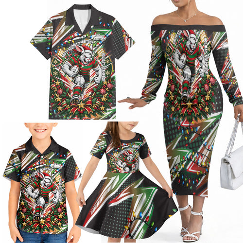 Personalized South Sydney Rabbitohs Rugby Christmas Family Matching Off The Shoulder Long Sleeve Dress and Hawaiian Shirt Holiday Mascot Graphic Art Festive Lights Bow