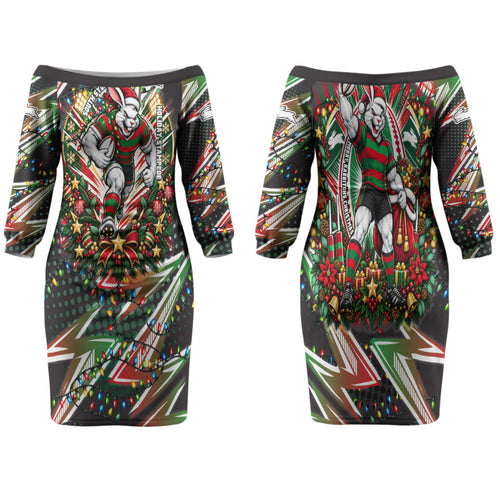 Personalized South Sydney Rabbitohs Rugby Christmas Family Matching Off The Shoulder Long Sleeve Dress and Hawaiian Shirt Holiday Mascot Graphic Art Festive Lights Bow