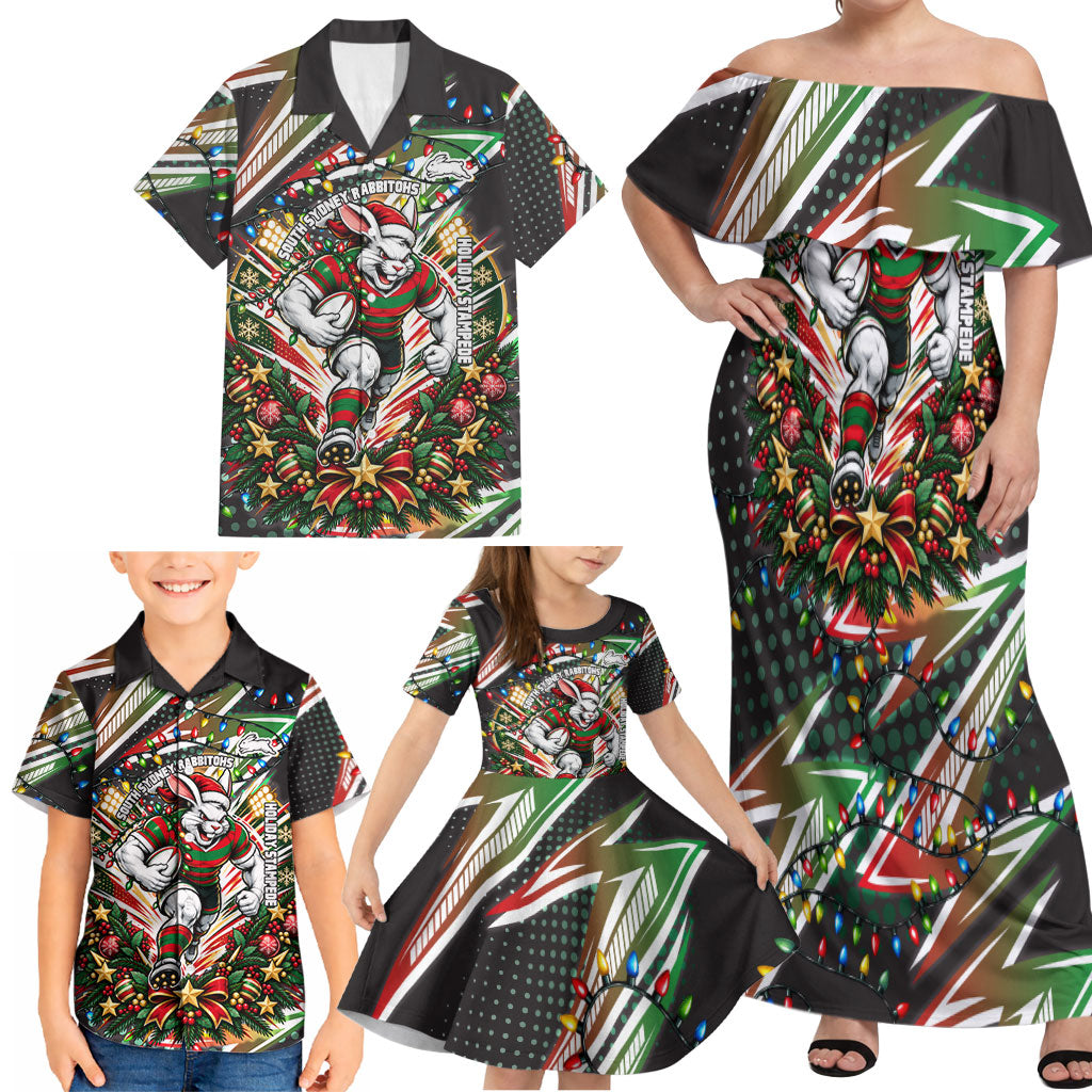 Personalized South Sydney Rabbitohs Rugby Christmas Family Matching Off Shoulder Maxi Dress and Hawaiian Shirt Holiday Mascot Graphic Art Festive Lights Bow