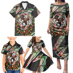 Personalized South Sydney Rabbitohs Rugby Christmas Family Matching Puletasi and Hawaiian Shirt Holiday Mascot Graphic Art Festive Lights Bow