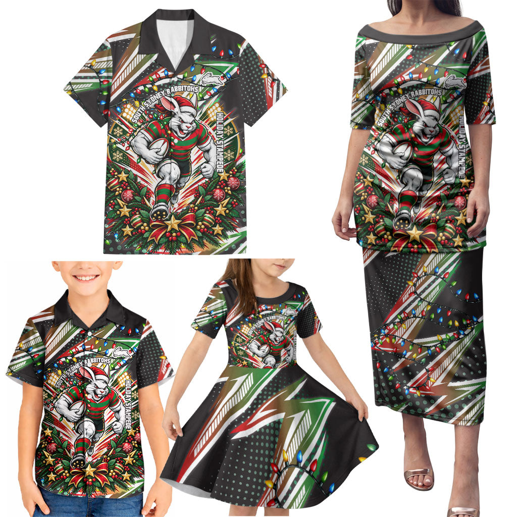 Personalized South Sydney Rabbitohs Rugby Christmas Family Matching Puletasi and Hawaiian Shirt Holiday Mascot Graphic Art Festive Lights Bow
