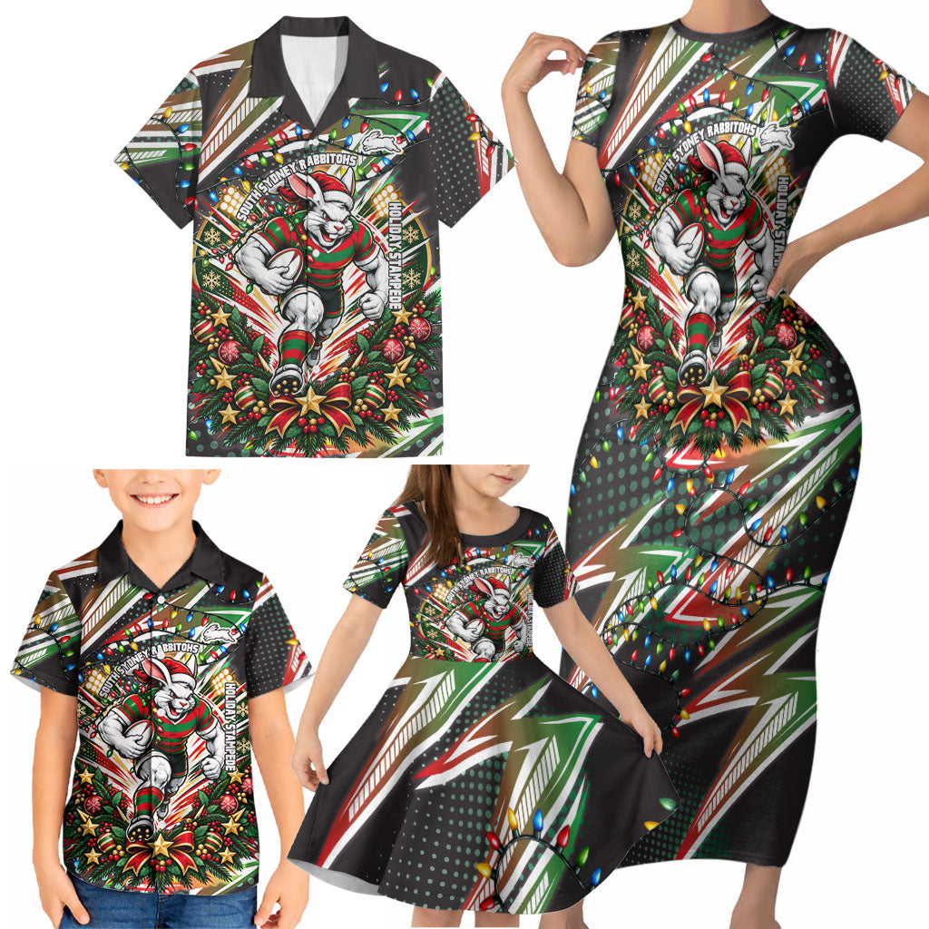 Personalized South Sydney Rabbitohs Rugby Christmas Family Matching Short Sleeve Bodycon Dress and Hawaiian Shirt Holiday Mascot Graphic Art Festive Lights Bow