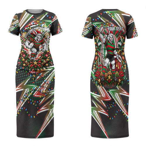 Personalized South Sydney Rabbitohs Rugby Christmas Family Matching Short Sleeve Bodycon Dress and Hawaiian Shirt Holiday Mascot Graphic Art Festive Lights Bow