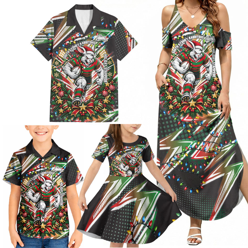 Personalized South Sydney Rabbitohs Rugby Christmas Family Matching Summer Maxi Dress and Hawaiian Shirt Holiday Mascot Graphic Art Festive Lights Bow