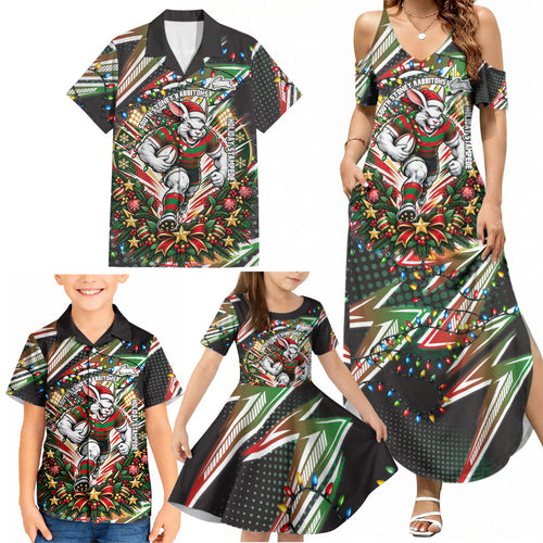 Personalized South Sydney Rabbitohs Rugby Christmas Family Matching Summer Maxi Dress and Hawaiian Shirt Holiday Mascot Graphic Art Festive Lights Bow