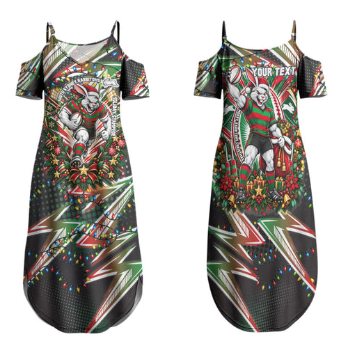Personalized South Sydney Rabbitohs Rugby Christmas Family Matching Summer Maxi Dress and Hawaiian Shirt Holiday Mascot Graphic Art Festive Lights Bow