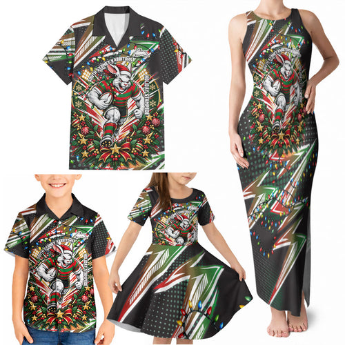 Personalized South Sydney Rabbitohs Rugby Christmas Family Matching Tank Maxi Dress and Hawaiian Shirt Holiday Mascot Graphic Art Festive Lights Bow