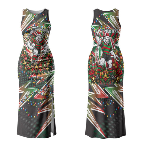Personalized South Sydney Rabbitohs Rugby Christmas Family Matching Tank Maxi Dress and Hawaiian Shirt Holiday Mascot Graphic Art Festive Lights Bow