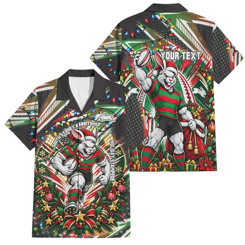 Personalized South Sydney Rabbitohs Rugby Christmas Family Matching Tank Maxi Dress and Hawaiian Shirt Holiday Mascot Graphic Art Festive Lights Bow