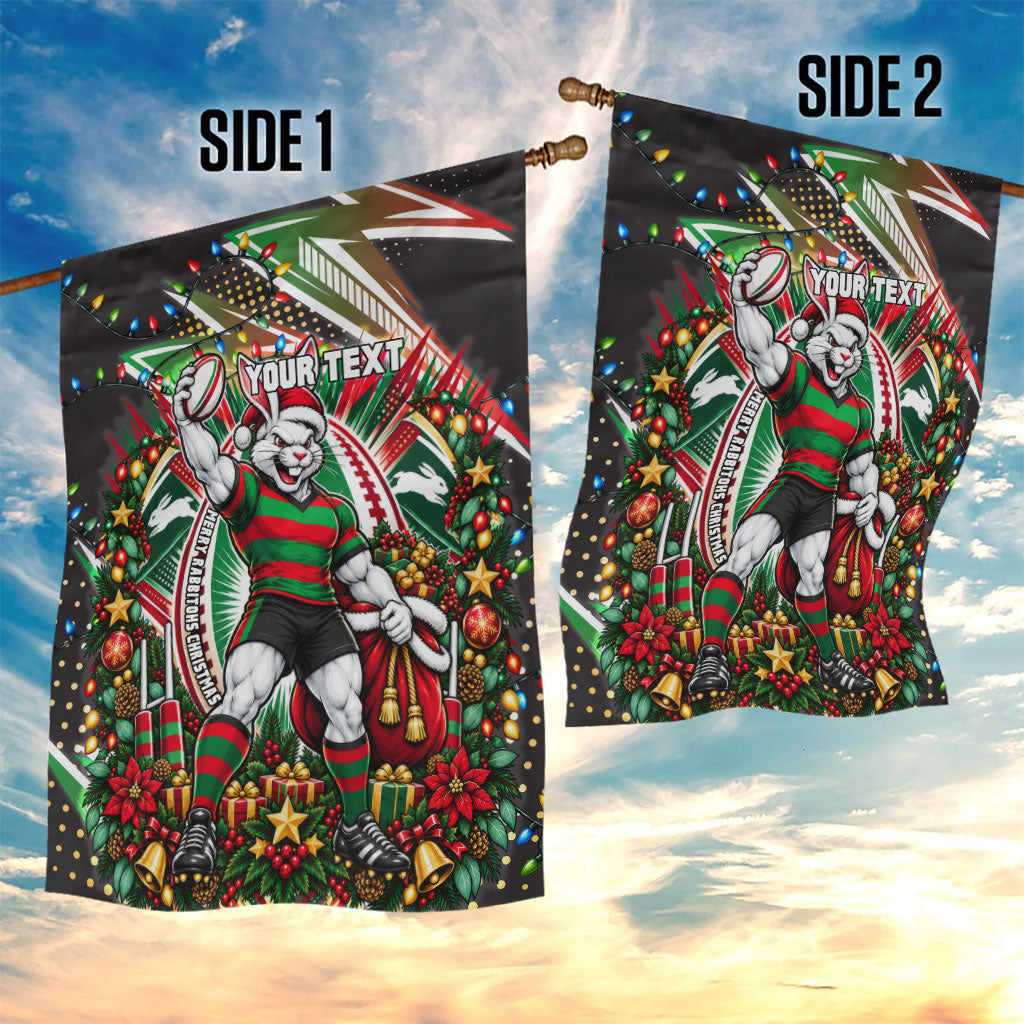 Personalized South Sydney Rabbitohs Rugby Christmas Garden Flag Holiday Mascot Graphic Art Festive Lights Bow