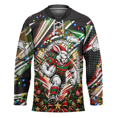 Personalized South Sydney Rabbitohs Rugby Christmas Hockey Jersey Holiday Mascot Graphic Art Festive Lights Bow