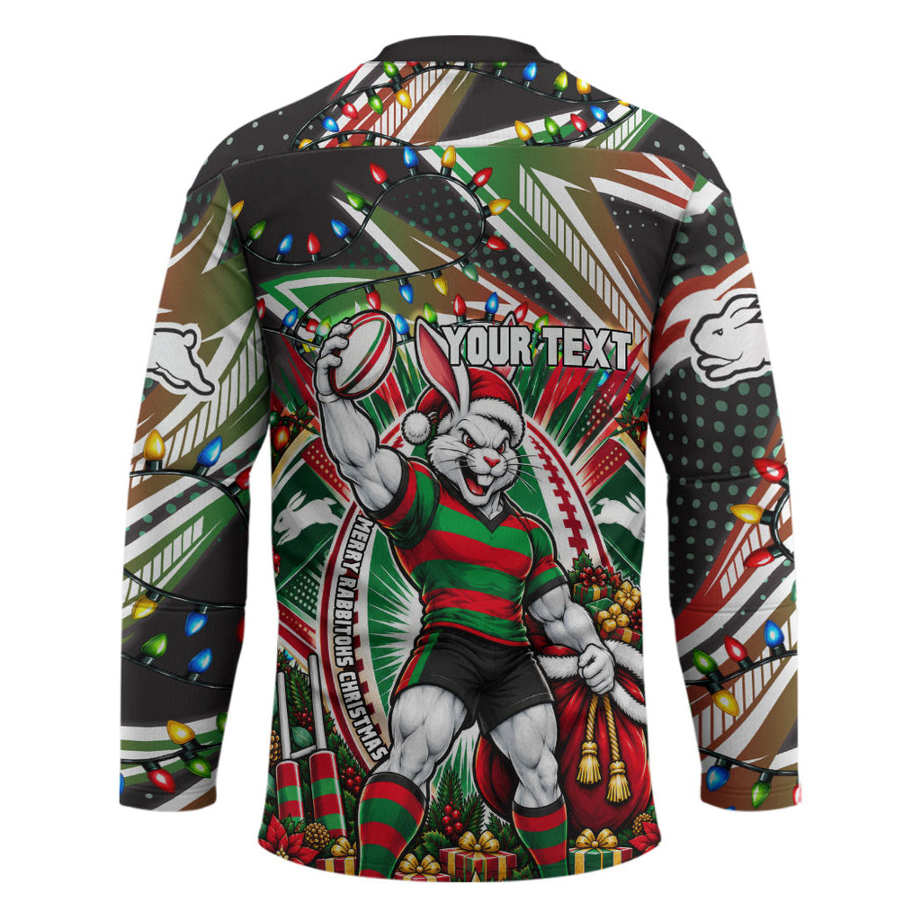 Personalized South Sydney Rabbitohs Rugby Christmas Hockey Jersey Holiday Mascot Graphic Art Festive Lights Bow
