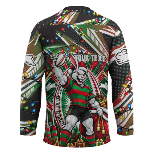 Personalized South Sydney Rabbitohs Rugby Christmas Hockey Jersey Holiday Mascot Graphic Art Festive Lights Bow