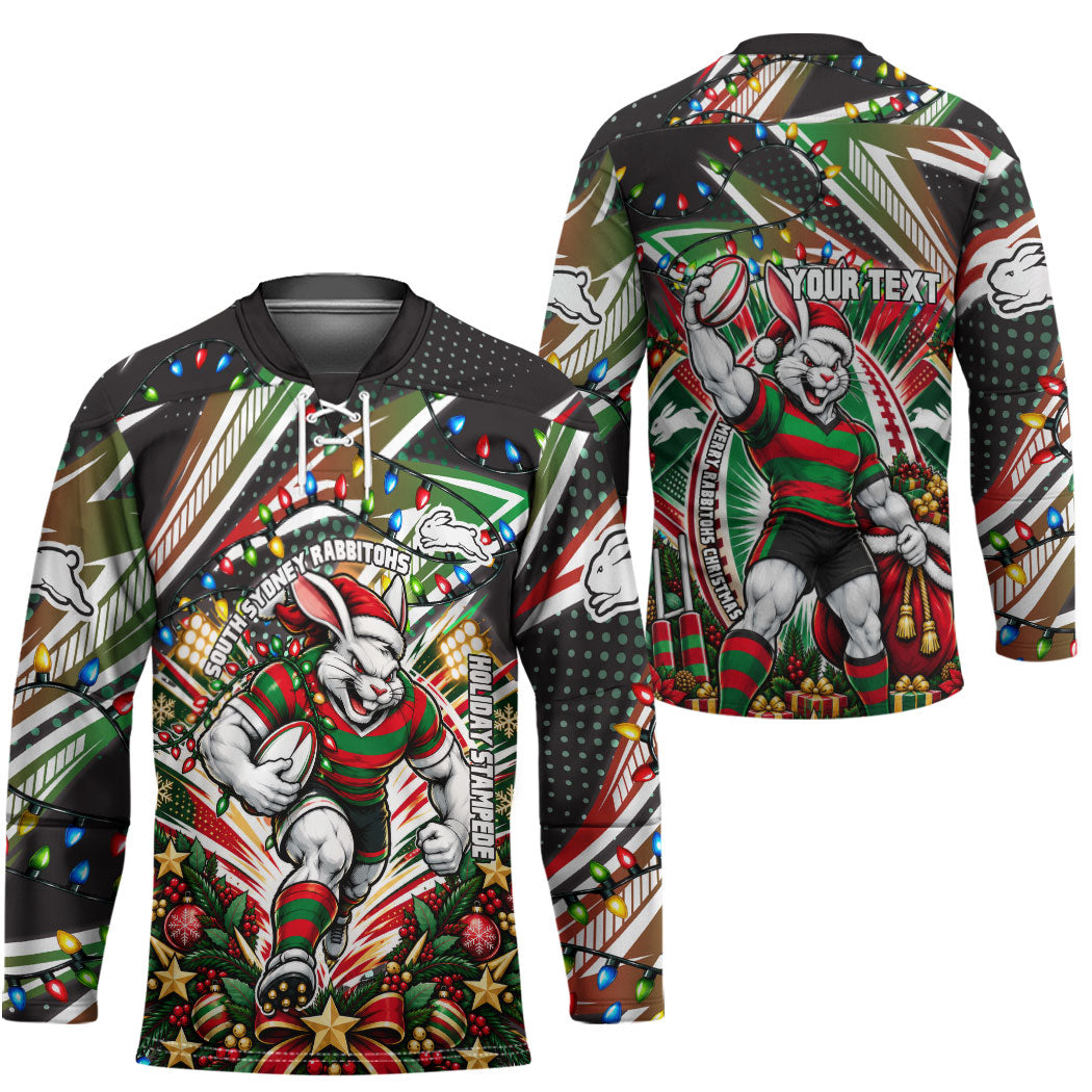 Personalized South Sydney Rabbitohs Rugby Christmas Hockey Jersey Holiday Mascot Graphic Art Festive Lights Bow