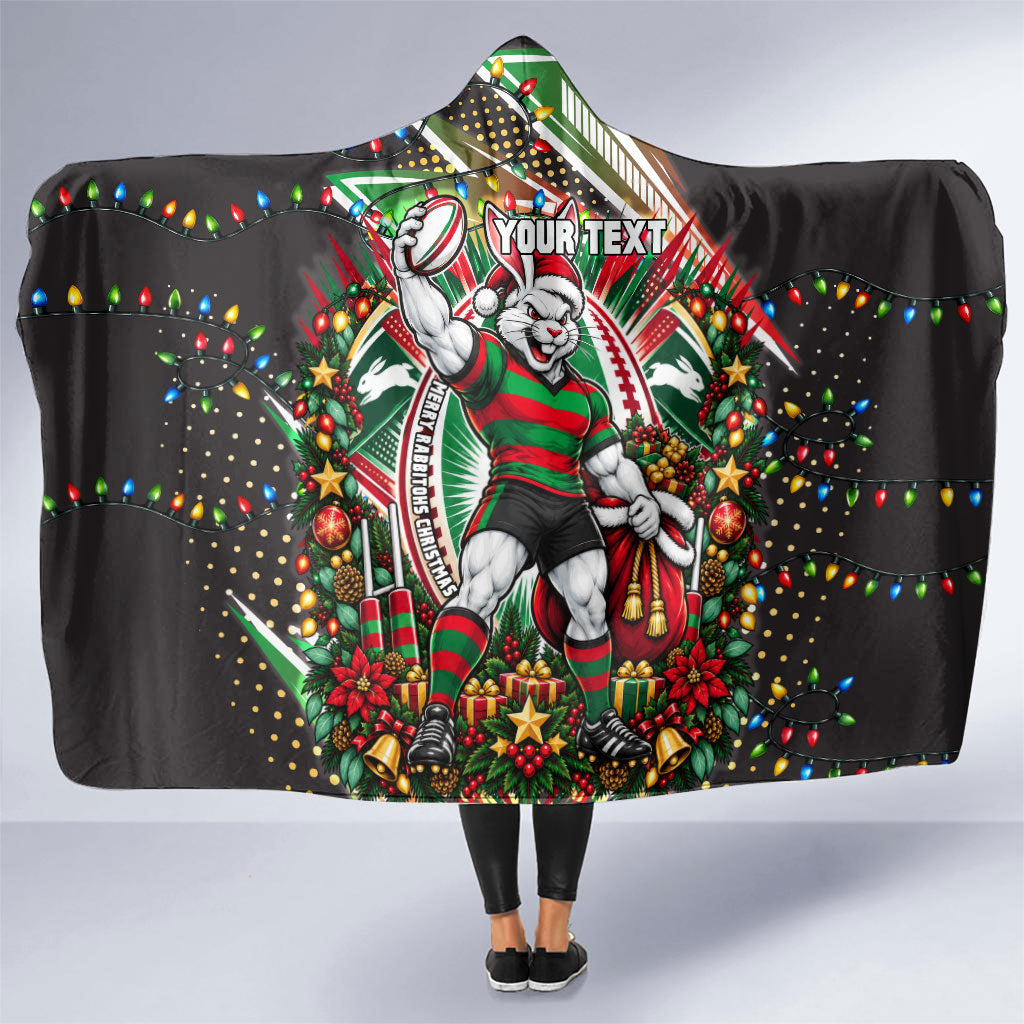 Personalized South Sydney Rabbitohs Rugby Christmas Hooded Blanket Holiday Mascot Graphic Art Festive Lights Bow