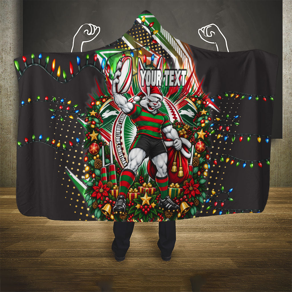 Personalized South Sydney Rabbitohs Rugby Christmas Hooded Blanket Holiday Mascot Graphic Art Festive Lights Bow