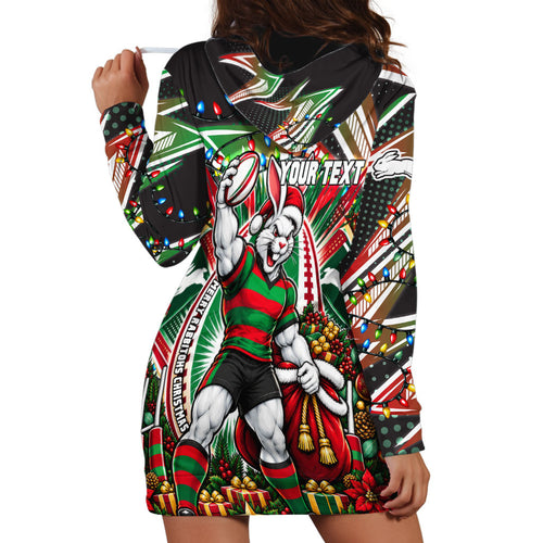 Personalized South Sydney Rabbitohs Rugby Christmas Hoodie Dress Holiday Mascot Graphic Art Festive Lights Bow