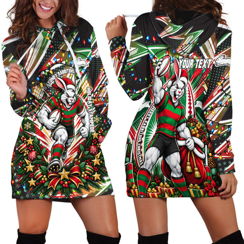 Personalized South Sydney Rabbitohs Rugby Christmas Hoodie Dress Holiday Mascot Graphic Art Festive Lights Bow