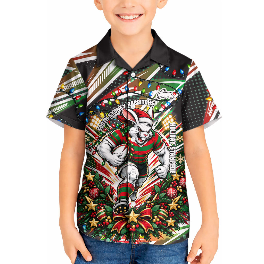 Personalized South Sydney Rabbitohs Rugby Christmas Kid Hawaiian Shirt Holiday Mascot Graphic Art Festive Lights Bow