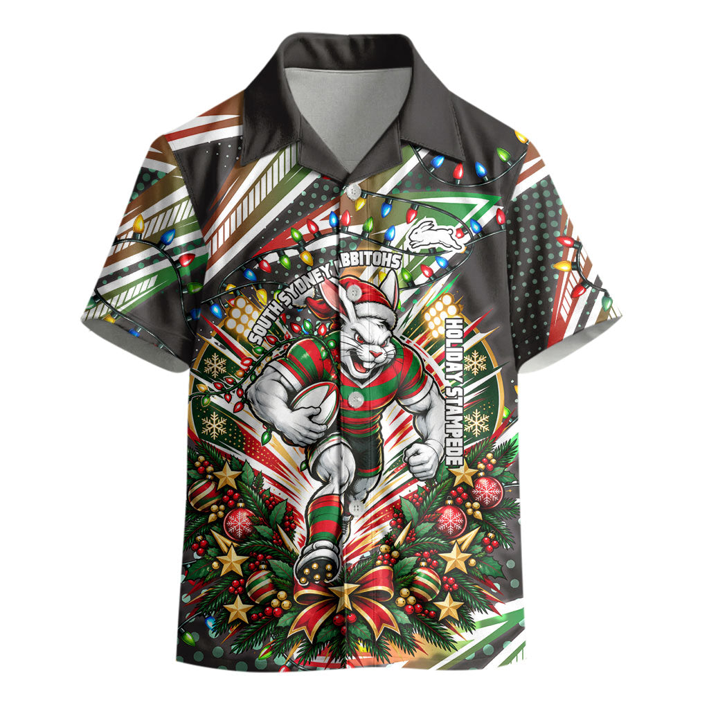 Personalized South Sydney Rabbitohs Rugby Christmas Kid Hawaiian Shirt Holiday Mascot Graphic Art Festive Lights Bow