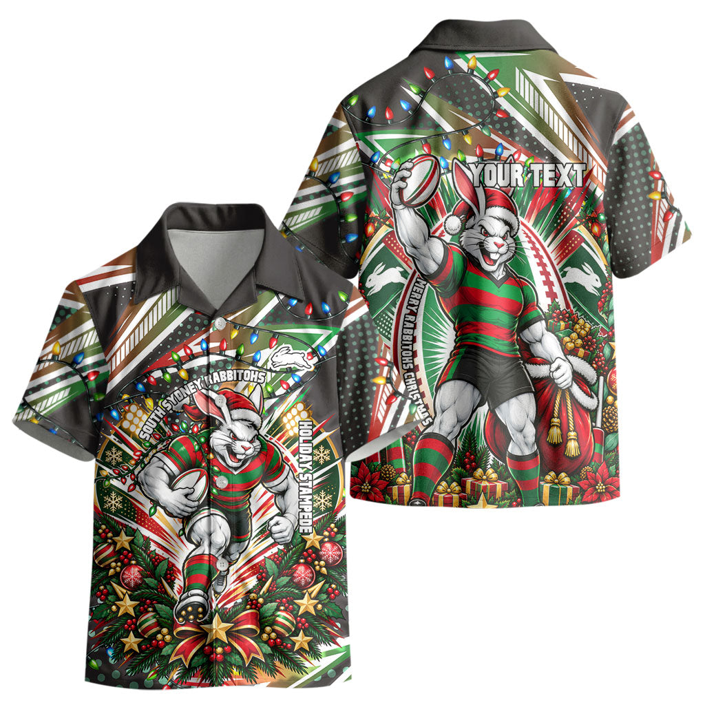 Personalized South Sydney Rabbitohs Rugby Christmas Kid Hawaiian Shirt Holiday Mascot Graphic Art Festive Lights Bow