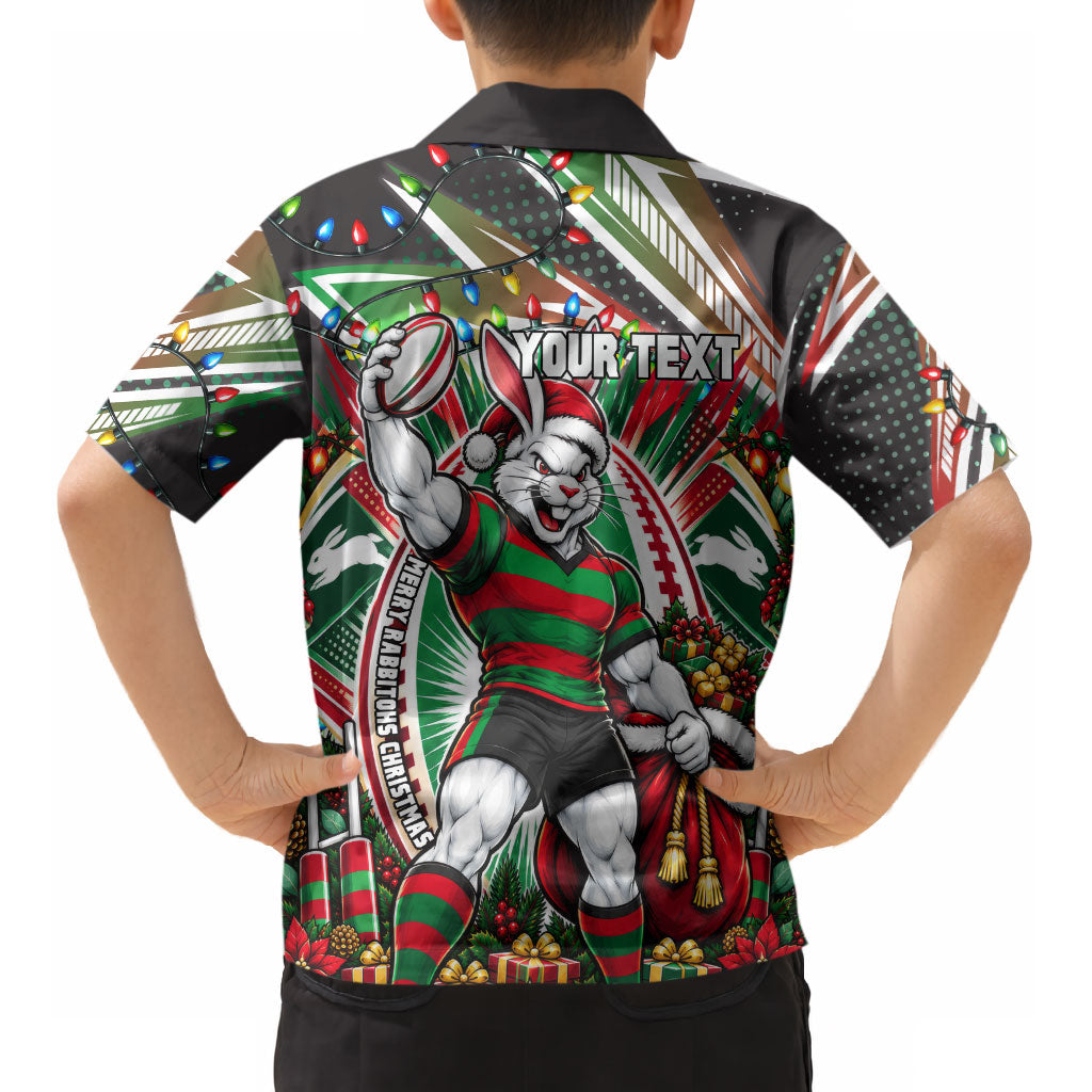 Personalized South Sydney Rabbitohs Rugby Christmas Kid Hawaiian Shirt Holiday Mascot Graphic Art Festive Lights Bow