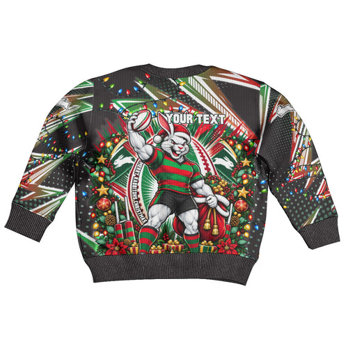 Personalized South Sydney Rabbitohs Rugby Christmas Kid Ugly Christmas Sweater Holiday Mascot Graphic Art Festive Lights Bow