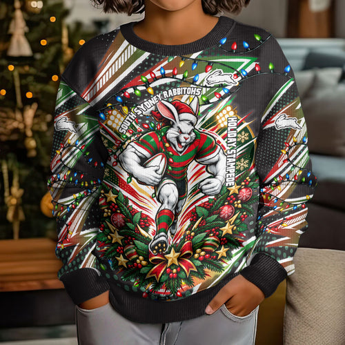 Personalized South Sydney Rabbitohs Rugby Christmas Kid Ugly Christmas Sweater Holiday Mascot Graphic Art Festive Lights Bow