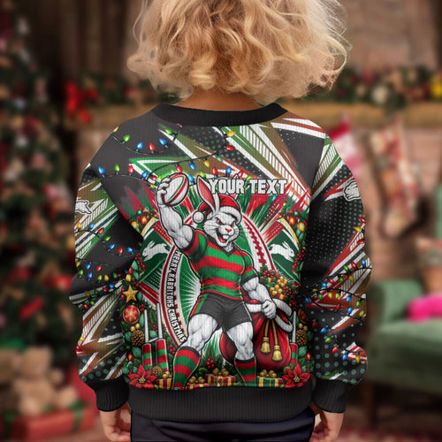 Personalized South Sydney Rabbitohs Rugby Christmas Kid Ugly Christmas Sweater Holiday Mascot Graphic Art Festive Lights Bow