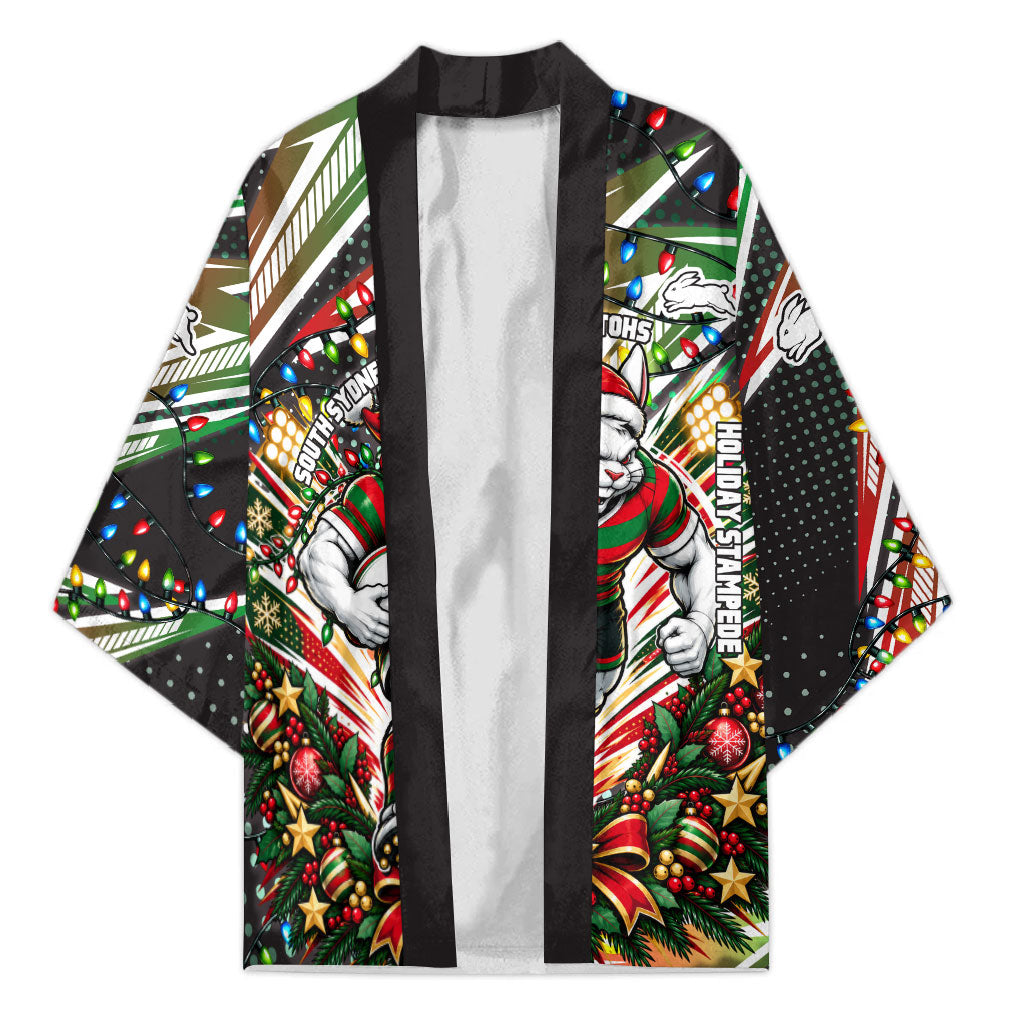 Personalized South Sydney Rabbitohs Rugby Christmas Kimono Holiday Mascot Graphic Art Festive Lights Bow
