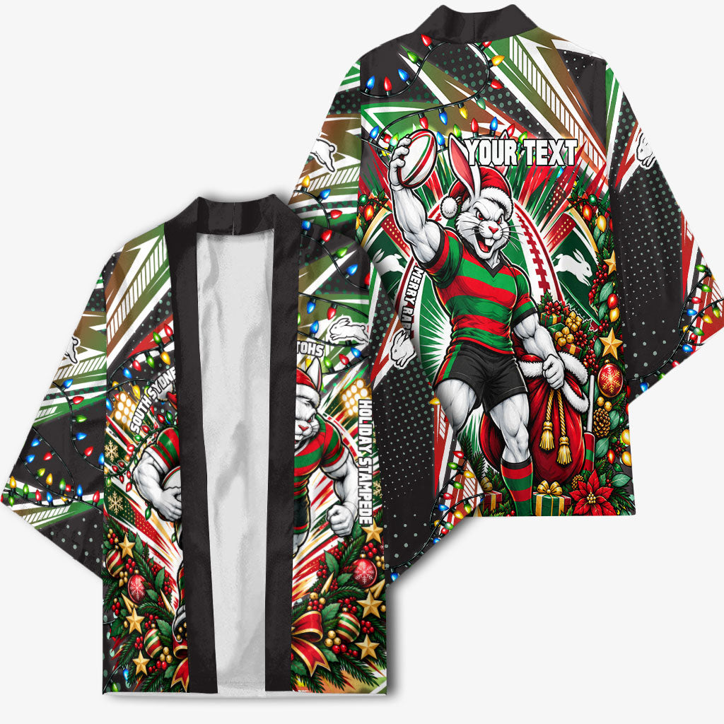 Personalized South Sydney Rabbitohs Rugby Christmas Kimono Holiday Mascot Graphic Art Festive Lights Bow