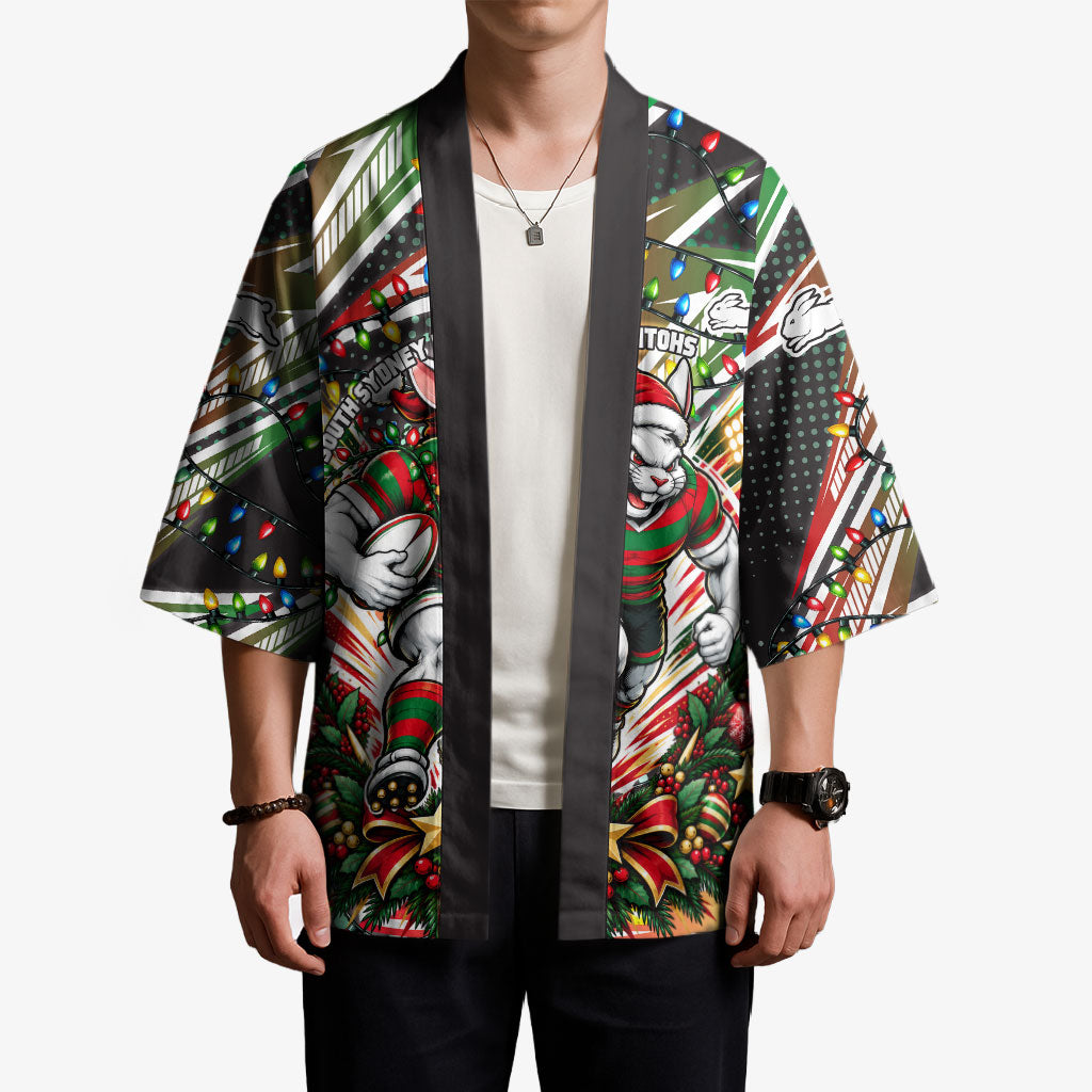 Personalized South Sydney Rabbitohs Rugby Christmas Kimono Holiday Mascot Graphic Art Festive Lights Bow