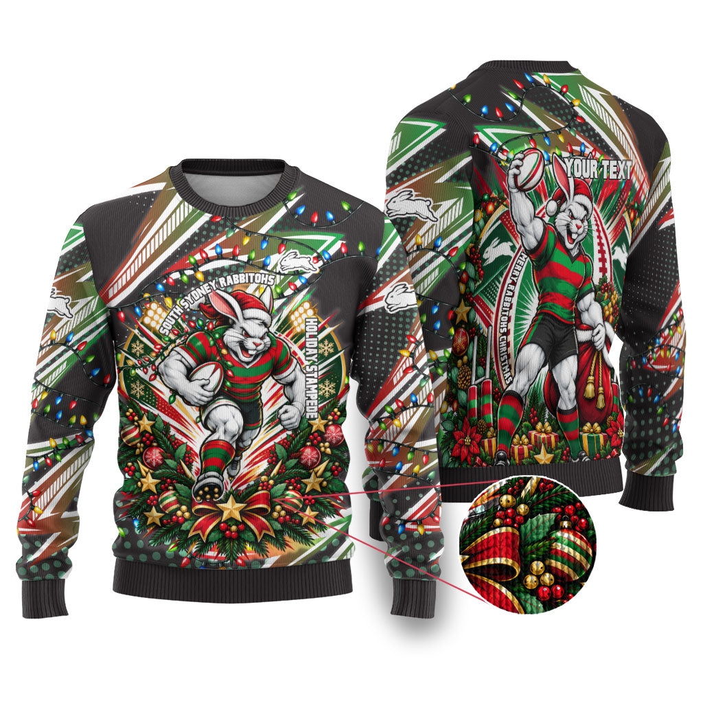 Personalized South Sydney Rabbitohs Rugby Christmas Ugly Christmas Sweater Holiday Mascot Graphic Art Festive Lights Bow