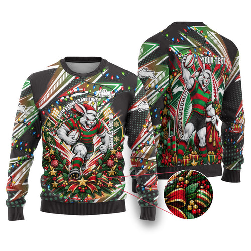 Personalized South Sydney Rabbitohs Rugby Christmas Ugly Christmas Sweater Holiday Mascot Graphic Art Festive Lights Bow