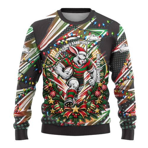 Personalized South Sydney Rabbitohs Rugby Christmas Ugly Christmas Sweater Holiday Mascot Graphic Art Festive Lights Bow