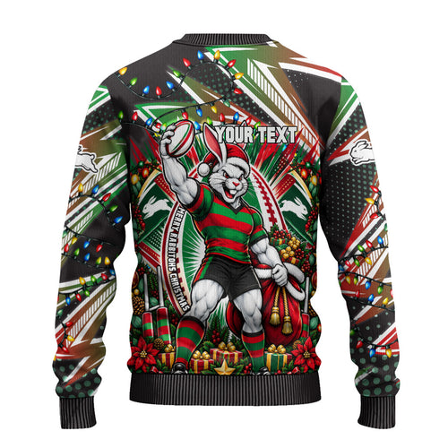 Personalized South Sydney Rabbitohs Rugby Christmas Ugly Christmas Sweater Holiday Mascot Graphic Art Festive Lights Bow