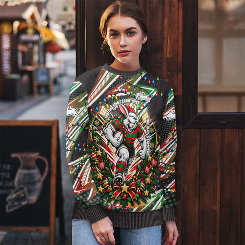 Personalized South Sydney Rabbitohs Rugby Christmas Ugly Christmas Sweater Holiday Mascot Graphic Art Festive Lights Bow