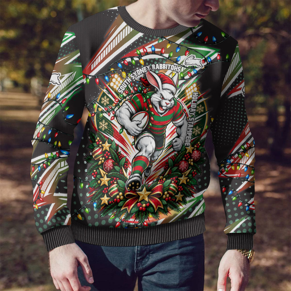 Personalized South Sydney Rabbitohs Rugby Christmas Ugly Christmas Sweater Holiday Mascot Graphic Art Festive Lights Bow
