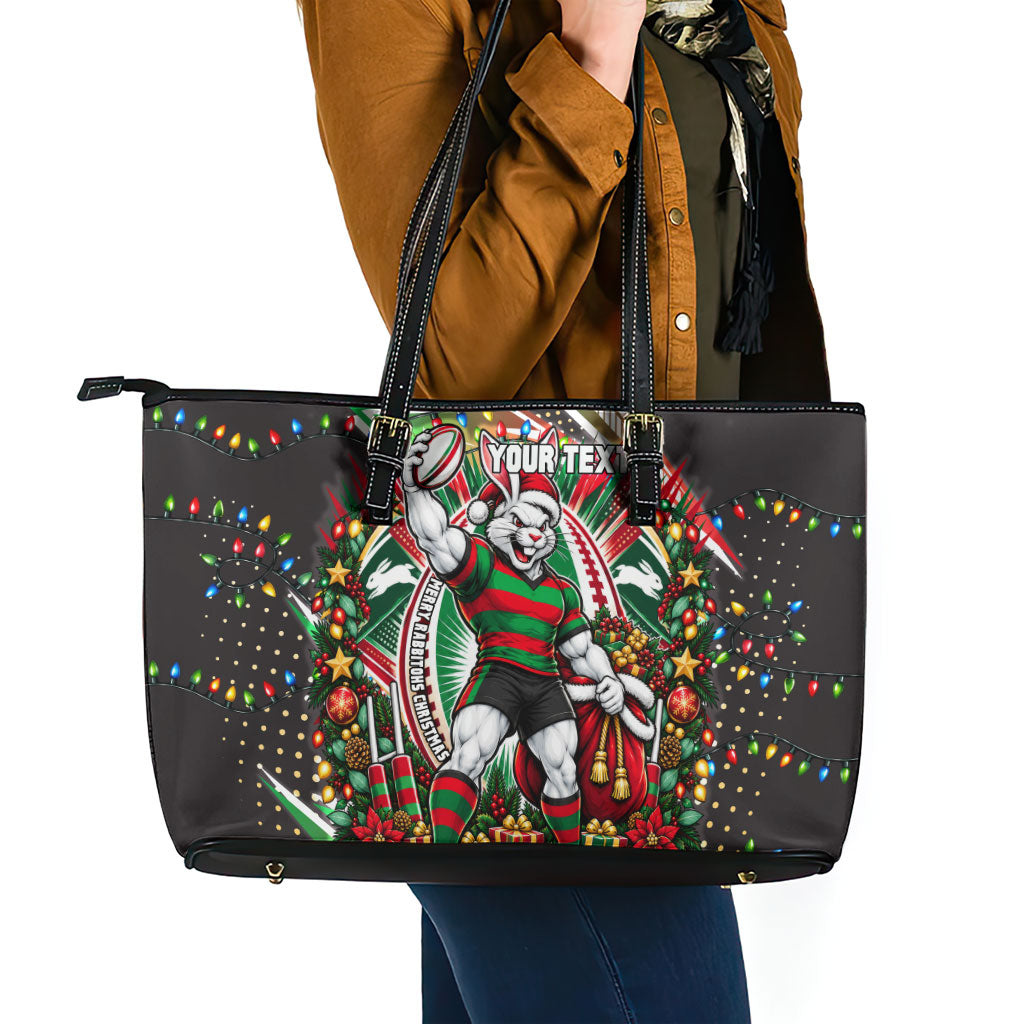 Personalized South Sydney Rabbitohs Rugby Christmas Leather Tote Bag Holiday Mascot Graphic Art Festive Lights Bow