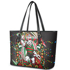 Personalized South Sydney Rabbitohs Rugby Christmas Leather Tote Bag Holiday Mascot Graphic Art Festive Lights Bow